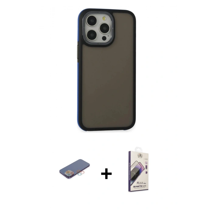 MARSİLYAN™- iPhone 13 Pro Max Kılıf Eksen Işık - Siyah Bilvis 3D Mat Cam Ekran Koruyucu + Renkli Kamera Lens Koruma Cam - PE
