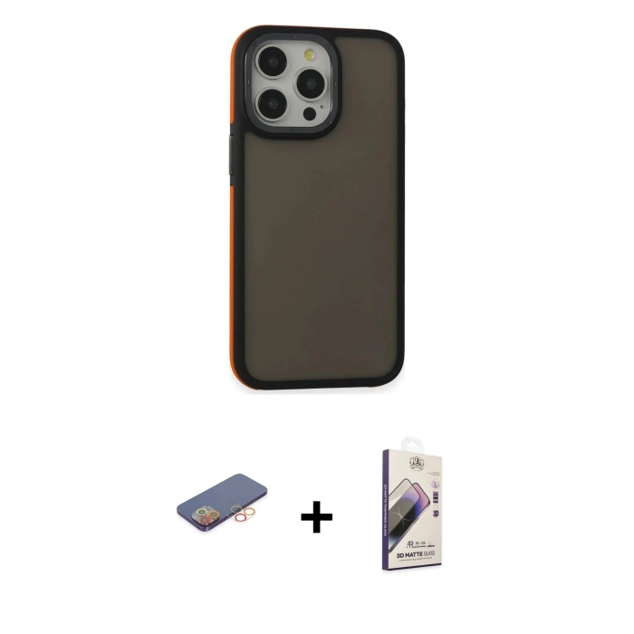 MARSİLYAN™- iPhone 13 Pro Max Kılıf Eksen Işık - Siyah Bilvis 3D Mat Cam Ekran Koruyucu + Renkli Kamera Lens Koruma Cam - TU
