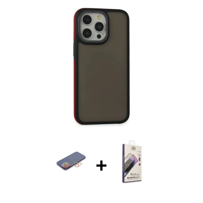 MARSİLYAN™- iPhone 13 Pro Max Kılıf Eksen Işık - Siyah Bilvis 3D Mat Cam Ekran Koruyucu + Renkli Kamera Lens Koruma Cam - TU