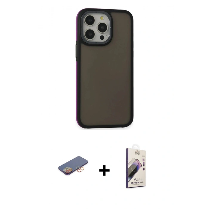 MARSİLYAN™- iPhone 13 Pro Max Kılıf Eksen Işık - Siyah Bilvis 3D Mat Cam Ekran Koruyucu + Renkli Kamera Lens Koruma Cam - TU