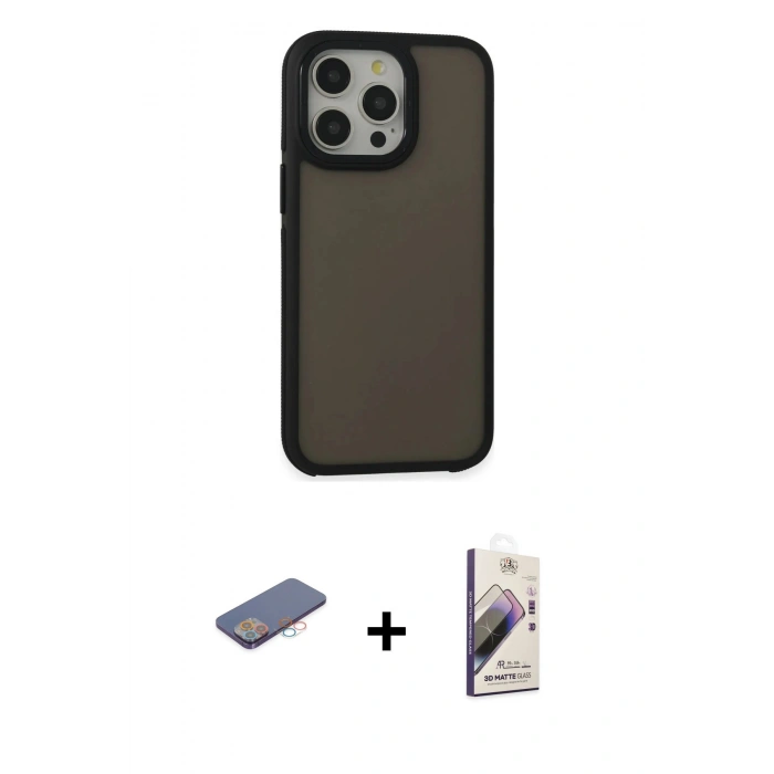 MARSİLYAN™- iPhone 13 Pro Max Kılıf Eksen Işık - Siyah Bilvis 3D Mat Cam Ekran Koruyucu + Renkli Kamera Lens Koruma Cam - PE