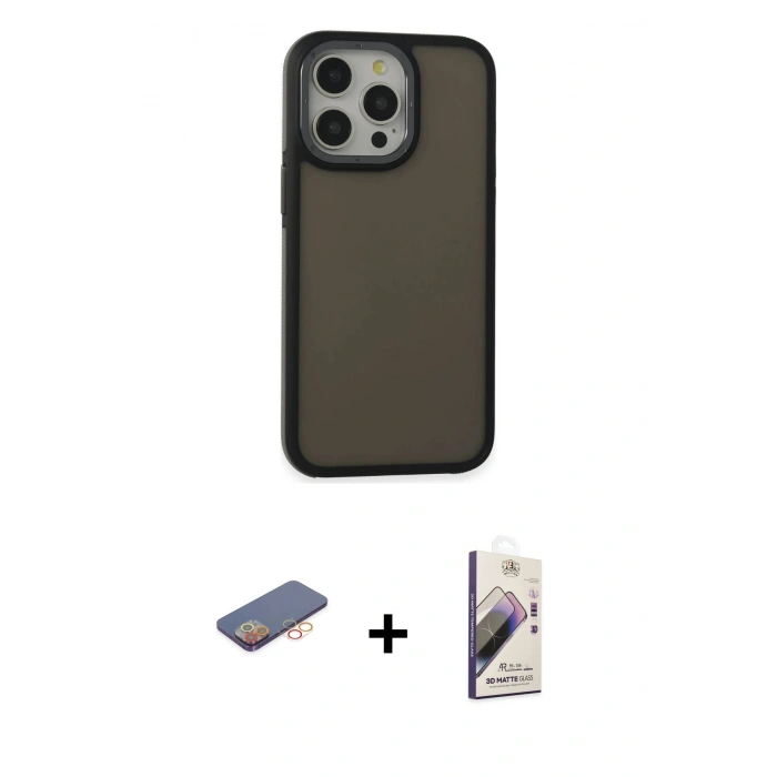 MARSİLYAN™- iPhone 13 Pro Max Kılıf Eksen Işık - Siyah Bilvis 3D Mat Cam Ekran Koruyucu + Renkli Kamera Lens Koruma Cam - TU