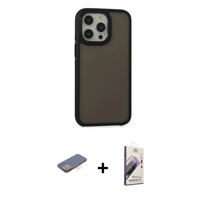 MARSİLYAN™- iPhone 13 Pro Max Kılıf Eksen Işık - Siyah Bilvis 3D Mat Cam Ekran Koruyucu + Renkli Kamera Lens Koruma Cam - SI