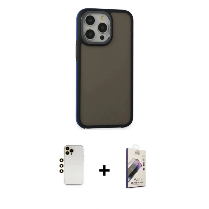 MARSİLYAN™- iPhone 13 Pro Max Kılıf Eksen Işık - Siyah Bilvis 3D Mat Cam Ekran Koruyucu + Shine Kamera Lens - GD