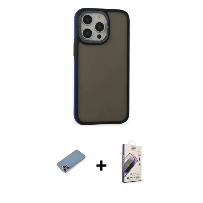MARSİLYAN™- iPhone 13 Pro Max Kılıf Eksen Işık - Siyah Bilvis 3D Mat Cam Ekran Koruyucu + Shine Kamera Lens Koruma Cam - PE