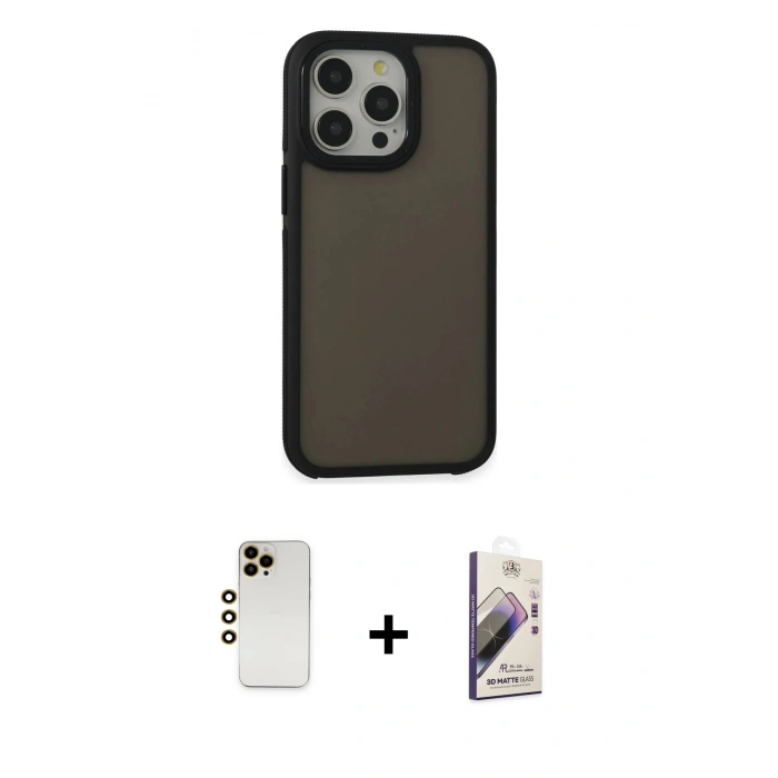 MARSİLYAN™- iPhone 13 Pro Max Kılıf Eksen Işık - Siyah Bilvis 3D Mat Cam Ekran Koruyucu + Shine Kamera Lens - GD