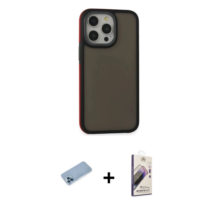 MARSİLYAN™- iPhone 13 Pro Max Kılıf Eksen Işık - Siyah Bilvis 3D Mat Cam Ekran Koruyucu + Shine Kamera Lens Koruma Cam - MI