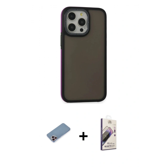 MARSİLYAN™- iPhone 13 Pro Max Kılıf Eksen Işık - Siyah Bilvis 3D Mat Cam Ekran Koruyucu + Shine Kamera Lens Koruma Cam - PE