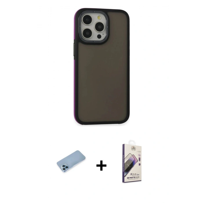 MARSİLYAN™- iPhone 13 Pro Max Kılıf Eksen Işık - Siyah Bilvis 3D Mat Cam Ekran Koruyucu + Shine Kamera Lens Koruma Cam - MI