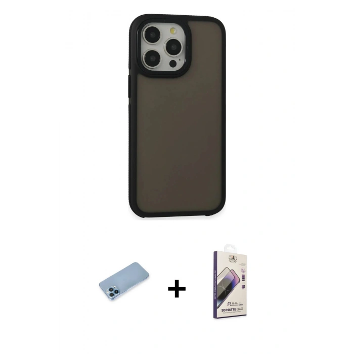 MARSİLYAN™- iPhone 13 Pro Max Kılıf Eksen Işık - Siyah Bilvis 3D Mat Cam Ekran Koruyucu + Shine Kamera Lens Koruma Cam - MI