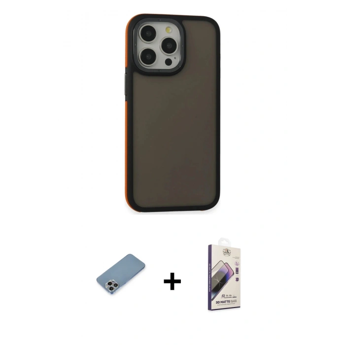 MARSİLYAN™- iPhone 13 Pro Max Kılıf Eksen Işık - Siyah Bilvis 3D Mat Cam Ekran Koruyucu + Shine Kamera Lens Koruma Cam - GI