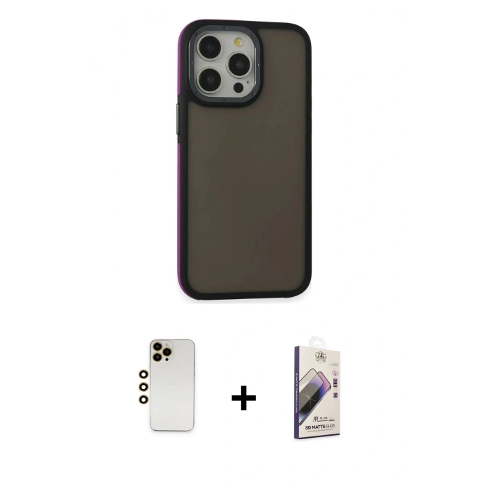 MARSİLYAN™- iPhone 13 Pro Max Kılıf Eksen Işık - Siyah Bilvis 3D Mat Cam Ekran Koruyucu + Shine Kamera Lens - GD