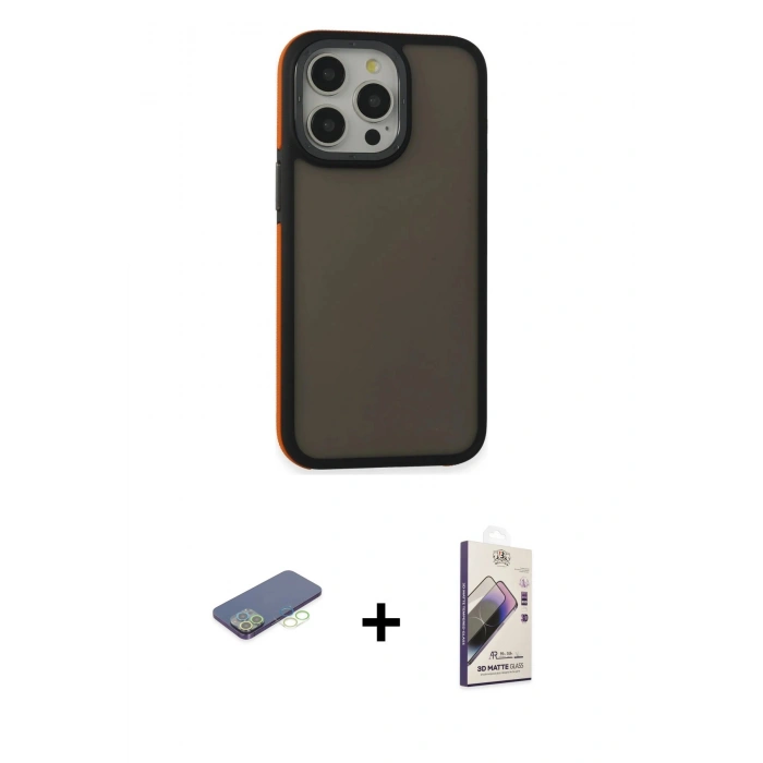MARSİLYAN™- iPhone 13 Pro Max Kılıf Eksen Işık - Siyah Bilvis 3D Mat Cam Ekran Koruyucu + Renkli Kamera Lens Koruma Cam - YL