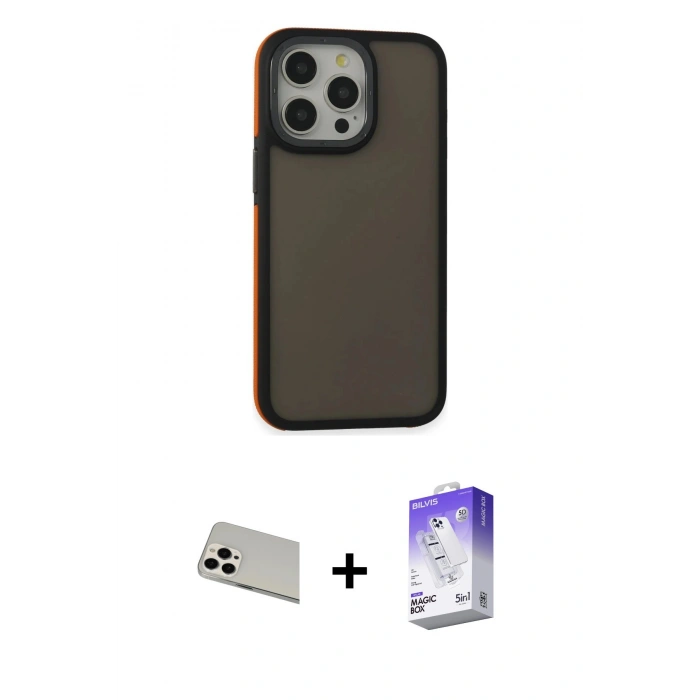 MARSİLYAN™- iPhone 13 Pro Max Kılıf Eksen Işık - Siyah Bilvis 5in1 3D Magic Cam Ekran Koruyucu + Rainbow Kamera Lens Koruma Cam - BZ