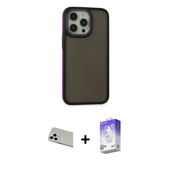 MARSİLYAN™- iPhone 13 Pro Max Kılıf Eksen Işık - Siyah Bilvis 5in1 3D Magic Cam Ekran Koruyucu + Rainbow Kamera Lens Koruma Cam - BZ