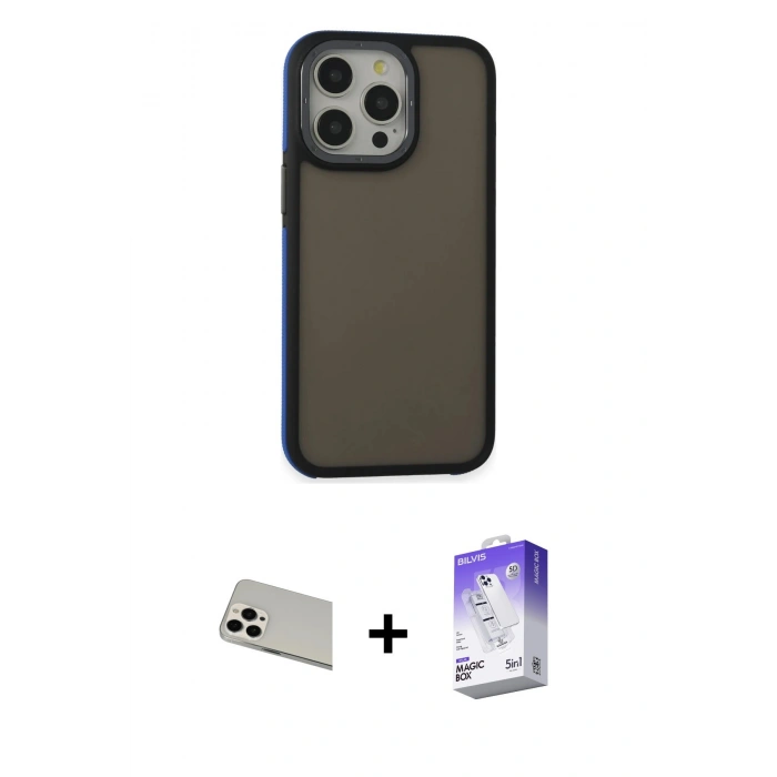 MARSİLYAN™- iPhone 13 Pro Max Kılıf Eksen Işık - Siyah Bilvis 5in1 3D Magic Cam Ekran Koruyucu + Rainbow Kamera Lens Koruma Cam - BZ