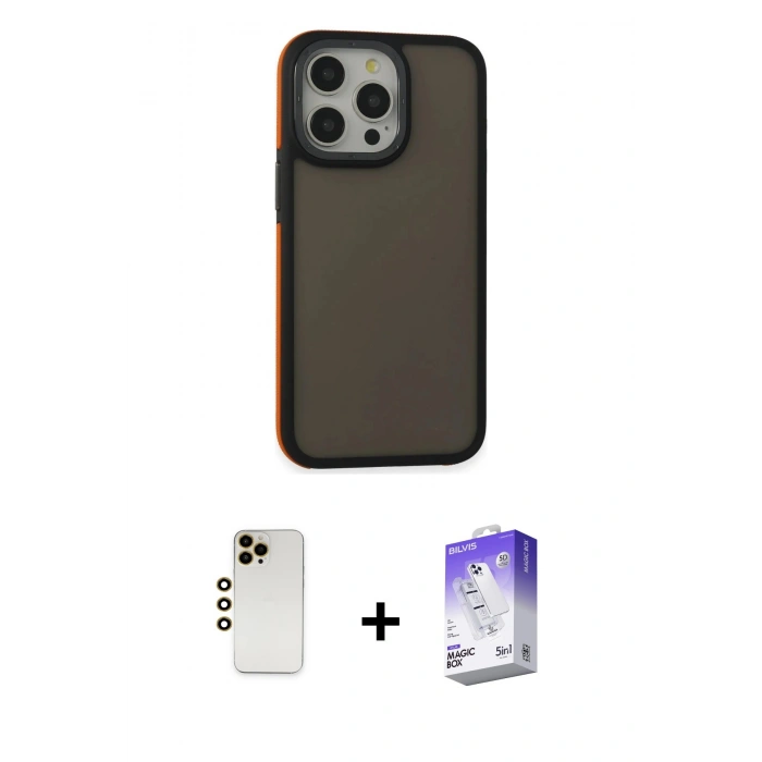 MARSİLYAN™- iPhone 13 Pro Max Kılıf Eksen Işık - Siyah Bilvis 5in1 3D Magic Cam Ekran Koruyucu + Shine Kamera Lens - GD