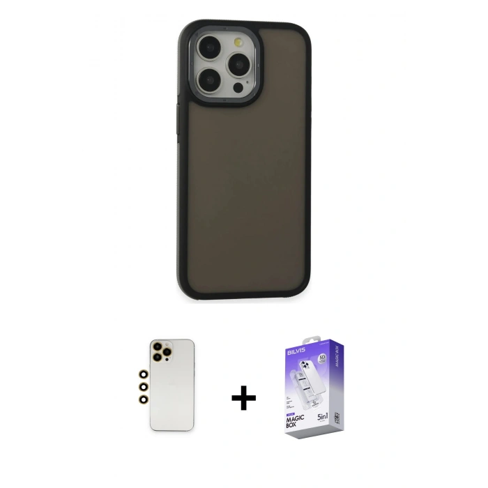 MARSİLYAN™- iPhone 13 Pro Max Kılıf Eksen Işık - Siyah Bilvis 5in1 3D Magic Cam Ekran Koruyucu + Shine Kamera Lens - GD