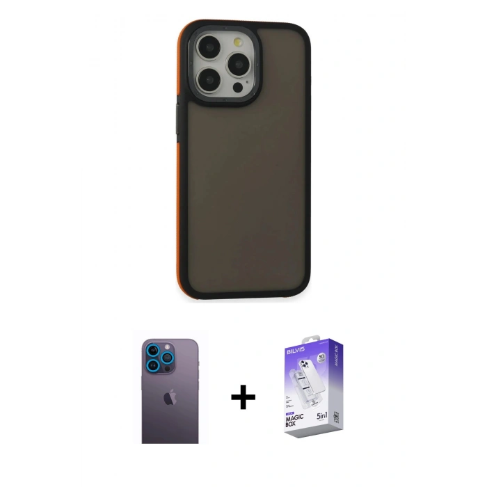 MARSİLYAN™- iPhone 13 Pro Max Kılıf Eksen Işık - Siyah Bilvis 5in1 3D Magic Cam Ekran Koruyucu + Neon Fosforlu Kamera Lens - MI
