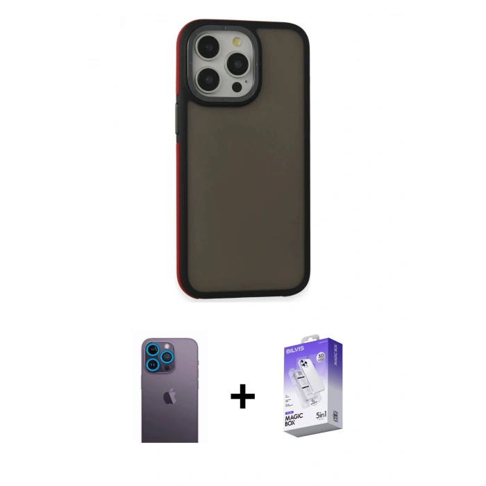 MARSİLYAN™- iPhone 13 Pro Max Kılıf Eksen Işık - Siyah Bilvis 5in1 3D Magic Cam Ekran Koruyucu + Neon Fosforlu Kamera Lens - MI