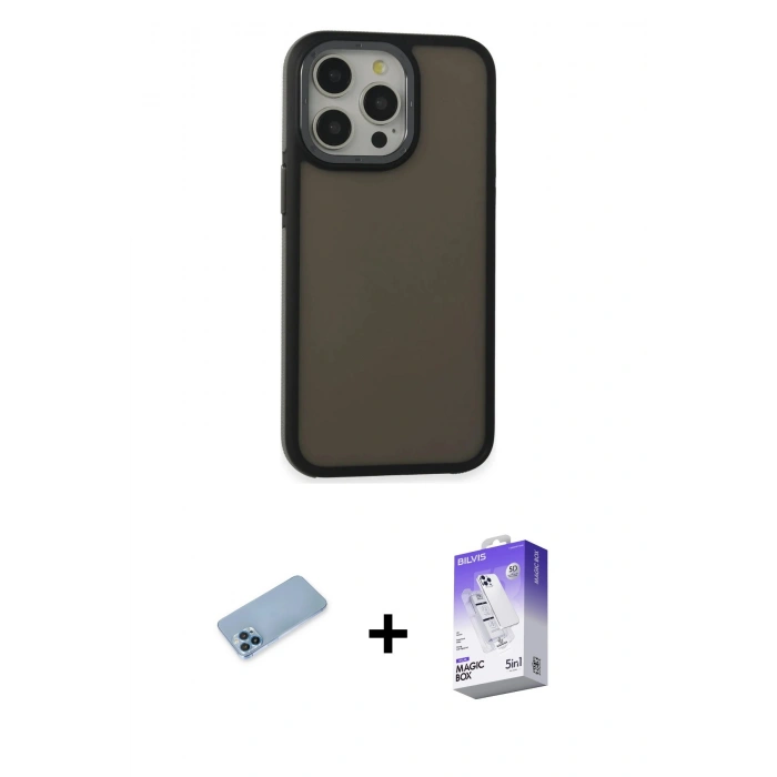 MARSİLYAN™- iPhone 13 Pro Max Kılıf Eksen Işık - Siyah Bilvis 5in1 3D Magic Cam Ekran Koruyucu + Mavi Shine Kamera Lens Koruma Cam