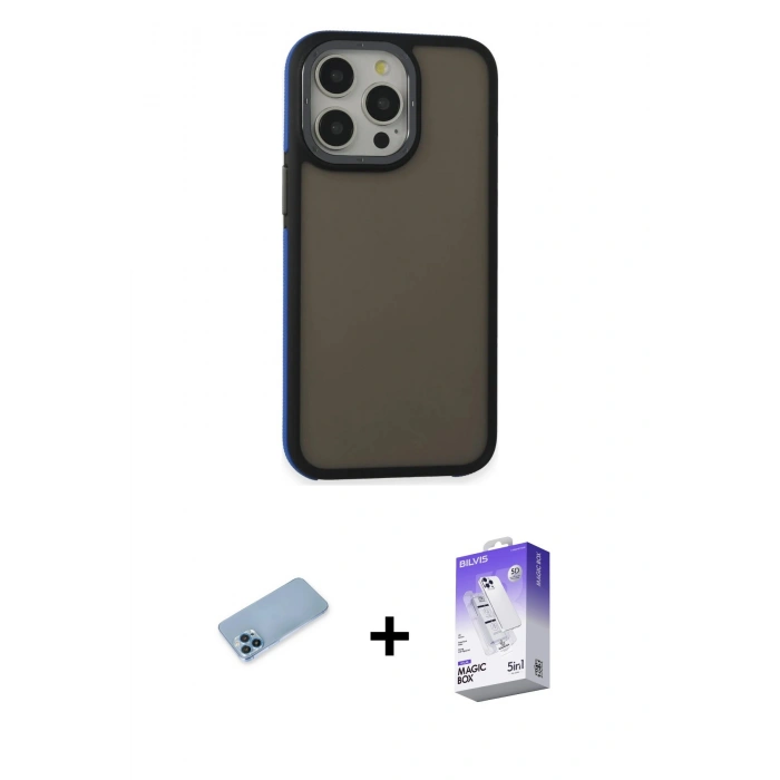 MARSİLYAN™- iPhone 13 Pro Max Kılıf Eksen Işık - Siyah Bilvis 5in1 3D Magic Cam Ekran Koruyucu + Mavi Shine Kamera Lens Koruma Cam