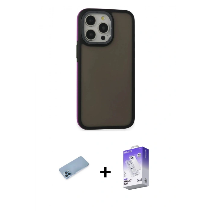 MARSİLYAN™- iPhone 13 Pro Max Kılıf Eksen Işık - Siyah Bilvis 5in1 3D Magic Cam Ekran Koruyucu + Mavi Shine Kamera Lens Koruma Cam