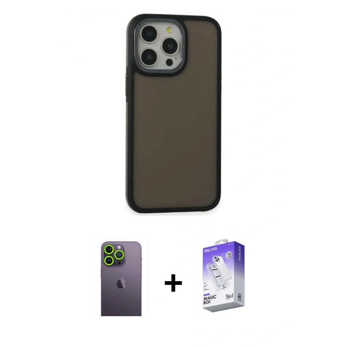 MARSİLYAN™- iPhone 13 Pro Max Kılıf Eksen Işık - Siyah Bilvis 5in1 3D Magic Cam Ekran Koruyucu + Neon Fosforlu Kamera Lens - YL