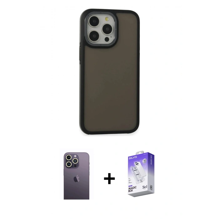 MARSİLYAN™- iPhone 13 Pro Max Kılıf Eksen Işık - Siyah Bilvis 5in1 3D Magic Cam Ekran Koruyucu + Neon Fosforlu Kamera Lens - BZ