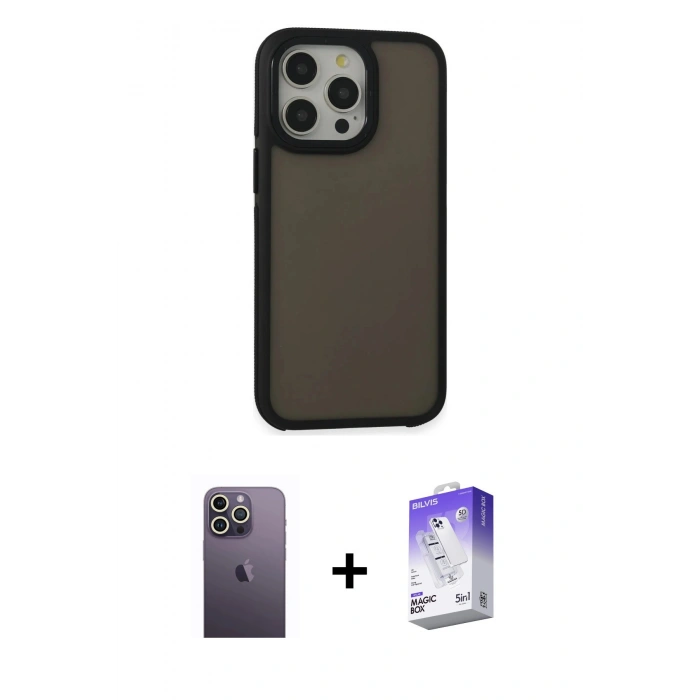 MARSİLYAN™- iPhone 13 Pro Max Kılıf Eksen Işık - Siyah Bilvis 5in1 3D Magic Cam Ekran Koruyucu + Neon Fosforlu Kamera Lens - BZ