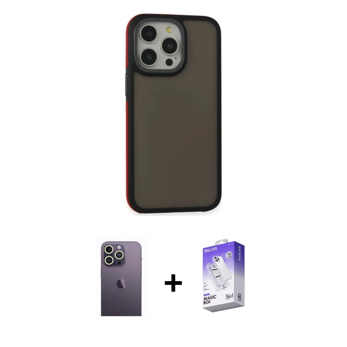 MARSİLYAN™- iPhone 13 Pro Max Kılıf Eksen Işık - Siyah Bilvis 5in1 3D Magic Cam Ekran Koruyucu + Neon Fosforlu Kamera Lens - BZ