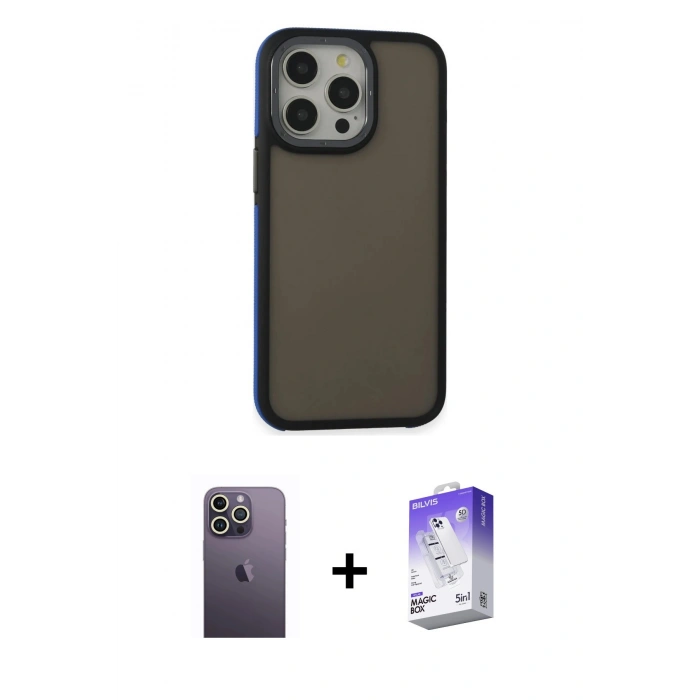 MARSİLYAN™- iPhone 13 Pro Max Kılıf Eksen Işık - Siyah Bilvis 5in1 3D Magic Cam Ekran Koruyucu + Neon Fosforlu Kamera Lens - BZ