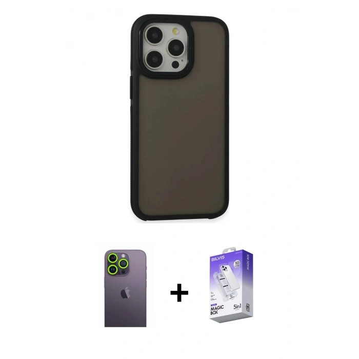 MARSİLYAN™- iPhone 13 Pro Max Kılıf Eksen Işık - Siyah Bilvis 5in1 3D Magic Cam Ekran Koruyucu + Neon Fosforlu Kamera Lens - YL