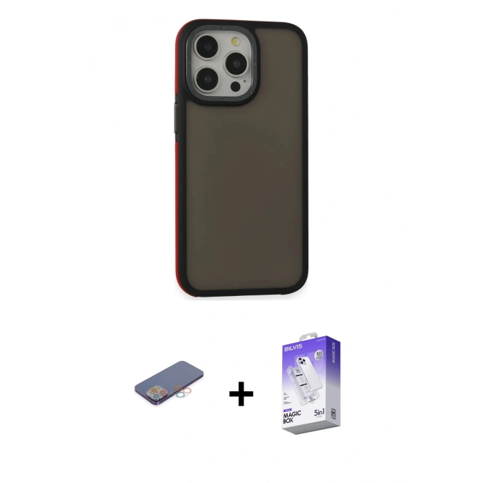 MARSİLYAN™- iPhone 13 Pro Max Kılıf Eksen Işık - Siyah Bilvis 5in1 3D Magic Cam Ekran Koruyucu + Renkli Kamera Lens Koruma Cam - PE