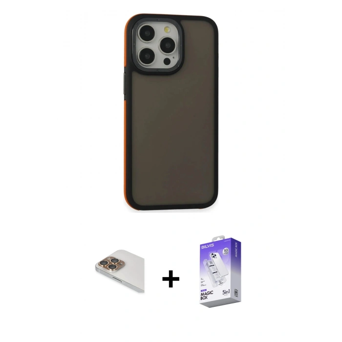 MARSİLYAN™- iPhone 13 Pro Max Kılıf Eksen Işık - Siyah Bilvis 5in1 3D Magic Cam Ekran Koruyucu + Pers Alüminyum Kamera Lens - GD