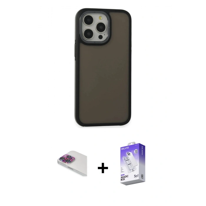 MARSİLYAN™- iPhone 13 Pro Max Kılıf Eksen Işık - Siyah Bilvis 5in1 3D Magic Cam Ekran Koruyucu + Pers Alüminyum Kamera Lens - GI