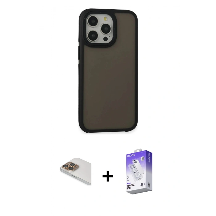 MARSİLYAN™- iPhone 13 Pro Max Kılıf Eksen Işık - Siyah Bilvis 5in1 3D Magic Cam Ekran Koruyucu + Pers Alüminyum Kamera Lens - GD