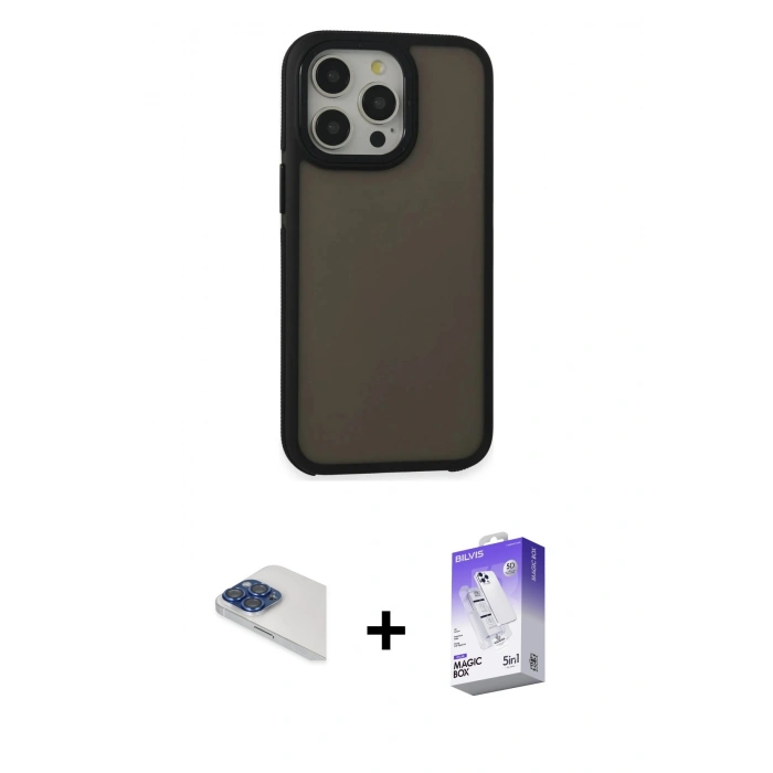 MARSİLYAN™- iPhone 13 Pro Max Kılıf Eksen Işık - Siyah Bilvis 5in1 3D Magic Cam Ekran Koruyucu + Pers Alüminyum Kamera Lens - LT