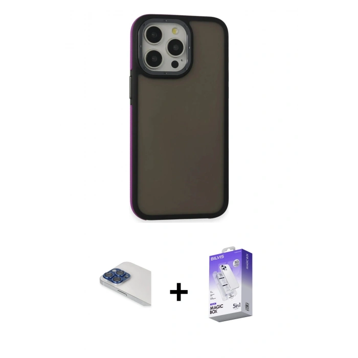 MARSİLYAN™- iPhone 13 Pro Max Kılıf Eksen Işık - Siyah Bilvis 5in1 3D Magic Cam Ekran Koruyucu + Pers Alüminyum Kamera Lens - LT