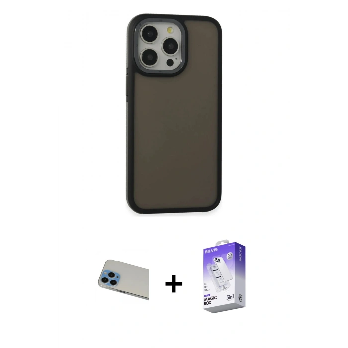 MARSİLYAN™- iPhone 13 Pro Max Kılıf Eksen Işık - Siyah Bilvis 5in1 3D Magic Cam Ekran Koruyucu + Rainbow Kamera Lens Koruma Cam - MI