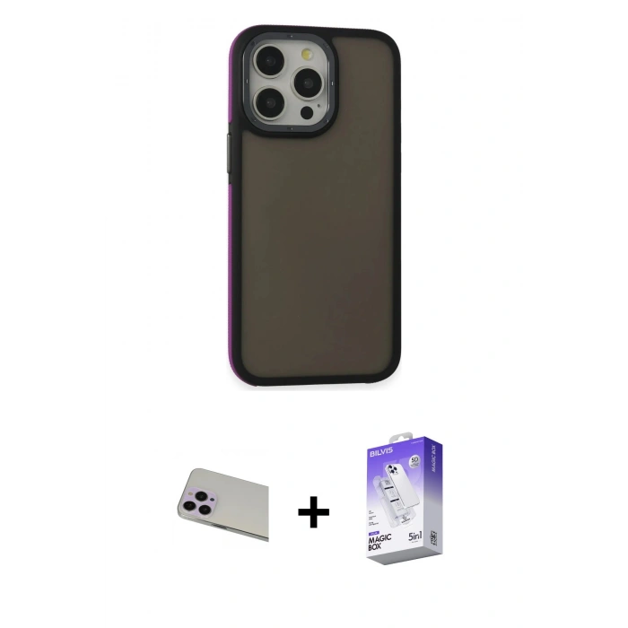 MARSİLYAN™- iPhone 13 Pro Max Kılıf Eksen Işık - Siyah Bilvis 5in1 3D Magic Cam Ekran Koruyucu + Rainbow Kamera Lens Koruma Cam - MR