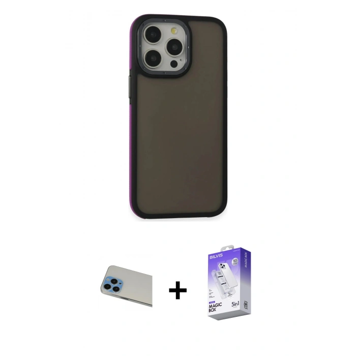 MARSİLYAN™- iPhone 13 Pro Max Kılıf Eksen Işık - Siyah Bilvis 5in1 3D Magic Cam Ekran Koruyucu + Rainbow Kamera Lens Koruma Cam - MI