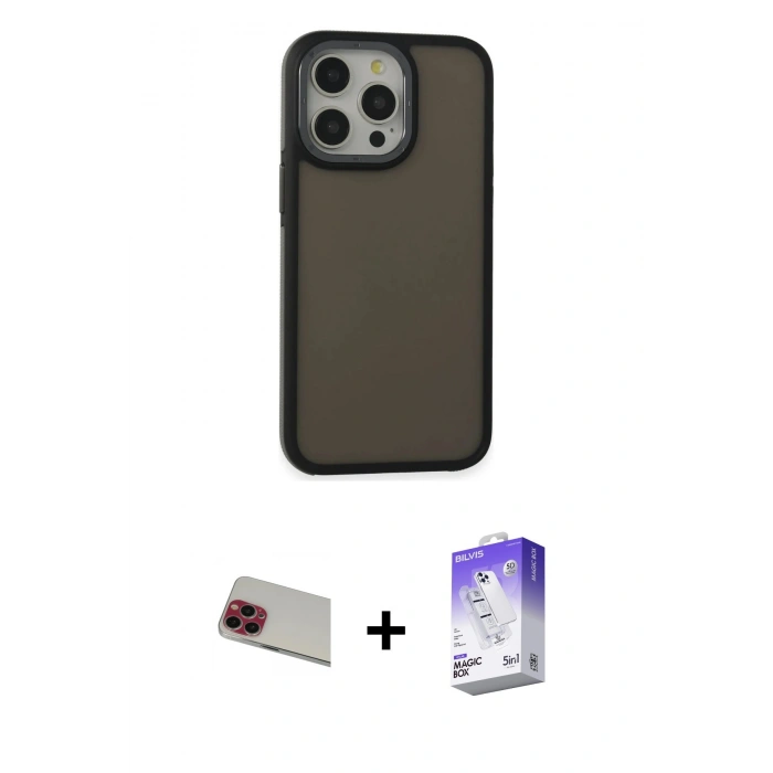 MARSİLYAN™- iPhone 13 Pro Max Kılıf Eksen Işık - Siyah Bilvis 5in1 3D Magic Cam Ekran Koruyucu + Rainbow Kamera Lens Koruma Cam - KI