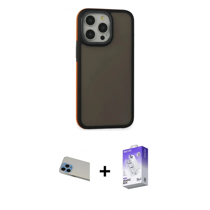 MARSİLYAN™- iPhone 13 Pro Max Kılıf Eksen Işık - Siyah Bilvis 5in1 3D Magic Cam Ekran Koruyucu + Rainbow Kamera Lens Koruma Cam - MI