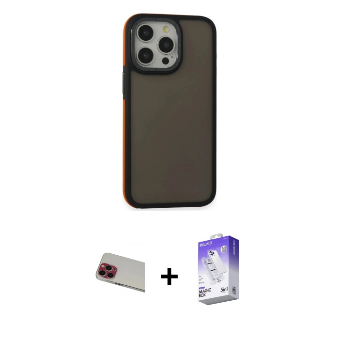 MARSİLYAN™- iPhone 13 Pro Max Kılıf Eksen Işık - Siyah Bilvis 5in1 3D Magic Cam Ekran Koruyucu + Rainbow Kamera Lens Koruma Cam - KI