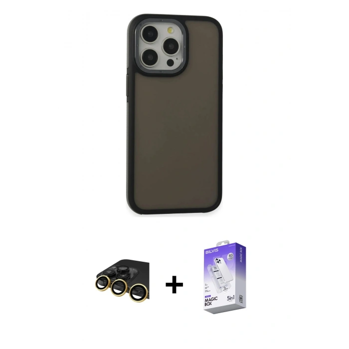 MARSİLYAN™- iPhone 13 Pro Max Kılıf Eksen Işık - Siyah Bilvis 5in1 3D Magic Cam Ekran Koruyucu + Raze Metal Kamera Lens - GD