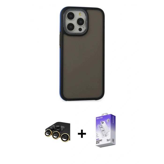 MARSİLYAN™- iPhone 13 Pro Max Kılıf Eksen Işık - Siyah Bilvis 5in1 3D Magic Cam Ekran Koruyucu + Raze Metal Kamera Lens - GD
