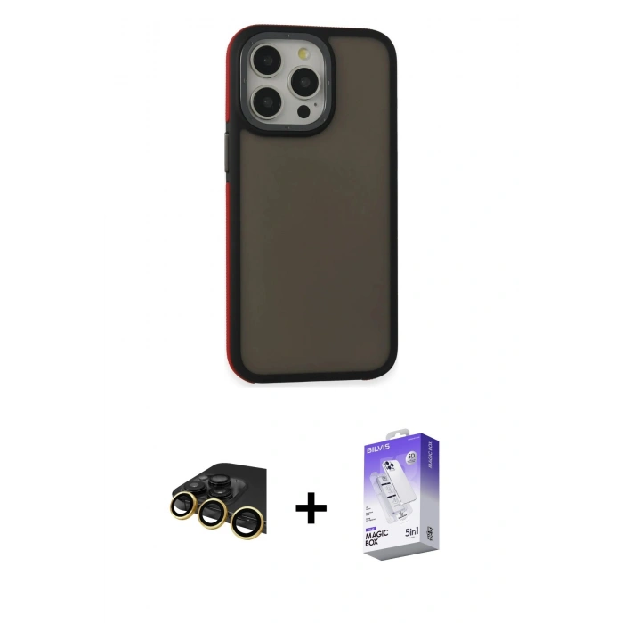 MARSİLYAN™- iPhone 13 Pro Max Kılıf Eksen Işık - Siyah Bilvis 5in1 3D Magic Cam Ekran Koruyucu + Raze Metal Kamera Lens - GD