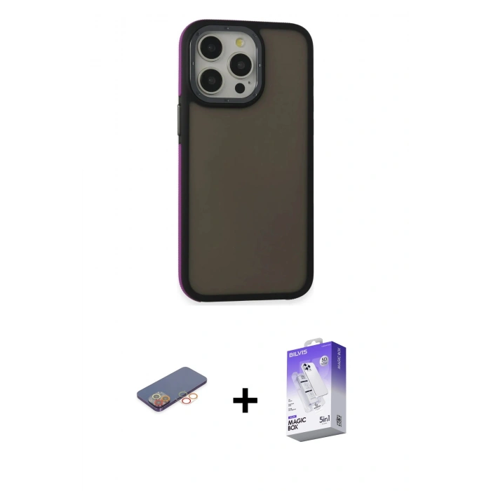 MARSİLYAN™- iPhone 13 Pro Max Kılıf Eksen Işık - Siyah Bilvis 5in1 3D Magic Cam Ekran Koruyucu + Renkli Kamera Lens Koruma Cam - TU
