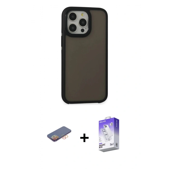 MARSİLYAN™- iPhone 13 Pro Max Kılıf Eksen Işık - Siyah Bilvis 5in1 3D Magic Cam Ekran Koruyucu + Renkli Kamera Lens Koruma Cam - TU